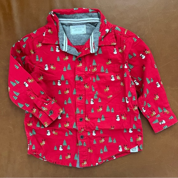 Reindeer & Snowman Red Button-Down Holiday Shirt, 3T - Picture 1 of 6